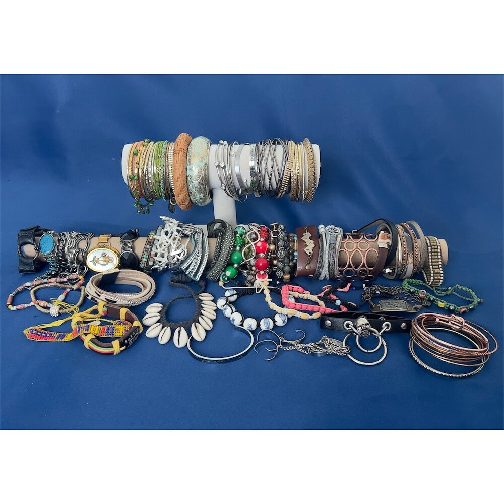 Lot of 60+ Mixed Bracelets Bangles Cuffs Charm Beaded Wrap Multicolor